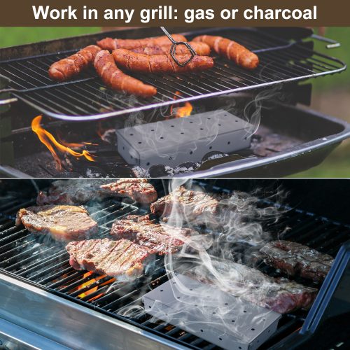 BBQ Grill Wood Chips Smoker Box + BBQ Grill Scraper + Magnetic Meat Smoking Guide Fits All Grills and Smokers